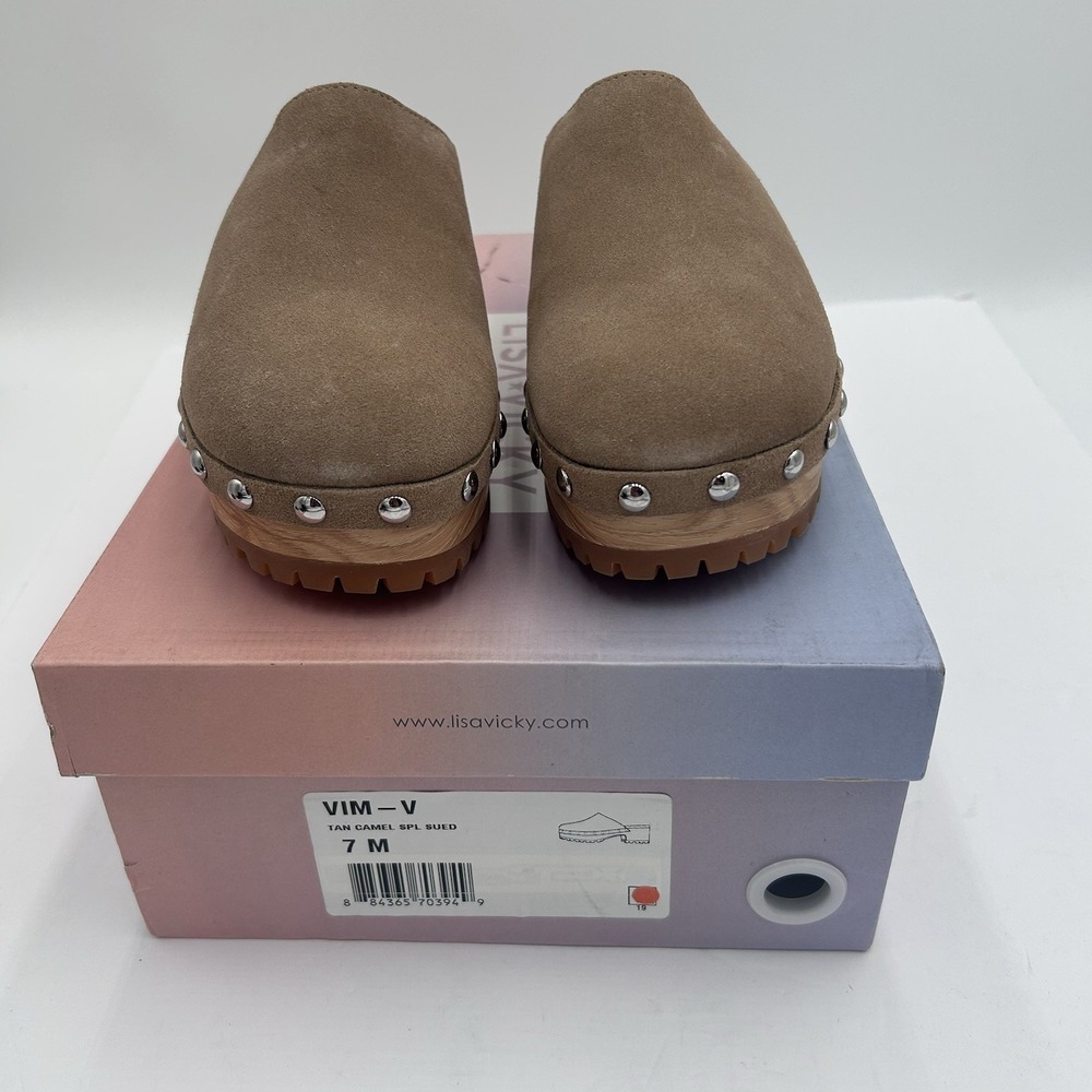 Lisa Vicky VIM-V Women's Tan Camel Suede Clog Mules Shoes Metal Studs Size 7M - Picture 7 of 11